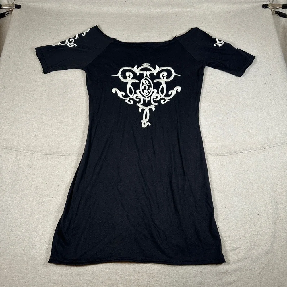 Fairy Grunge Black‎ Embroidered Off Shoulder Mini Dress Large Goth Y2K Punk